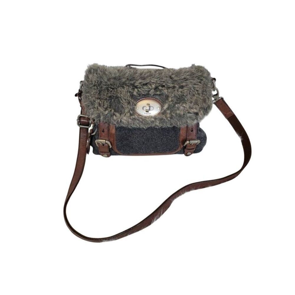 Fossil Maddox Small Workbag Brown Faux Fur Leather Crossbody